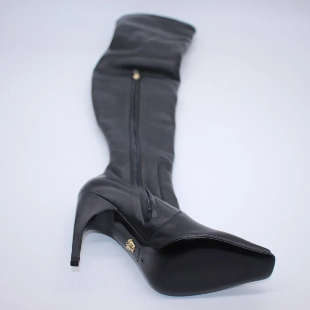 VERSACE OVER-THE-KNEE BLACK LEATHER HORSE RIDING STYLE Boots HIGH HEELS 37.5 7.5